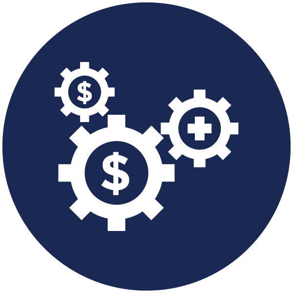 Flexable Spending Account icon, gears with money and health sign in them